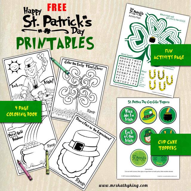 Draw a Face on the Leprechaun, Color the Lucky 4 Leaf Coloring sheet, Pot of Gold Coloring Sheet, Leprechaun Coloring Sheet, St. Patrick’s Day Cup Cake Toppers, St. Patrick’s Day Activity Sheet