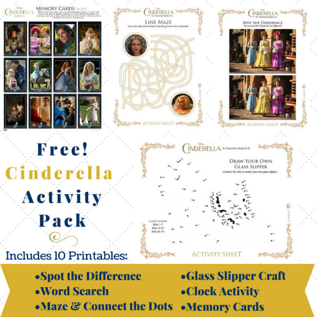  The Free Cinderella Printables Pack includes the following 10 pages, Memory Cards, Draw Your Own Glass Slipper, Cinderella Spot the Diffence games, Draw Your Own Glass Slipper, Line Maze, and word search. Click the picture to get the free download