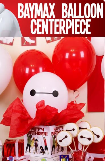 Baymax Balloon Centerpiece - Don’t forget to your centerpieces!!! Here’s a template and directions to a simple and affordable Baymax Balloon Centerpiece using a white helium balloon, square cardboard box, tissue paper and happy birthday graphics.