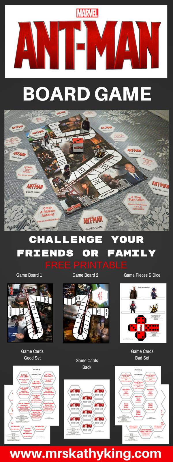 Looking for a fun AntMan board game to play? Here is a Free Ant-Man Broard Game Printable we made to celebrate the release of the movie. The game includes 36 Pick a Cards 4 Game Figures, Board & die #antmanevent #antman