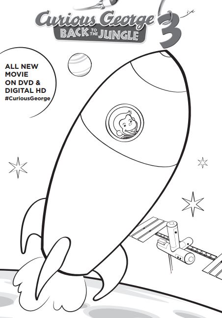 Curious George 3 printable activities coloring rocketship page