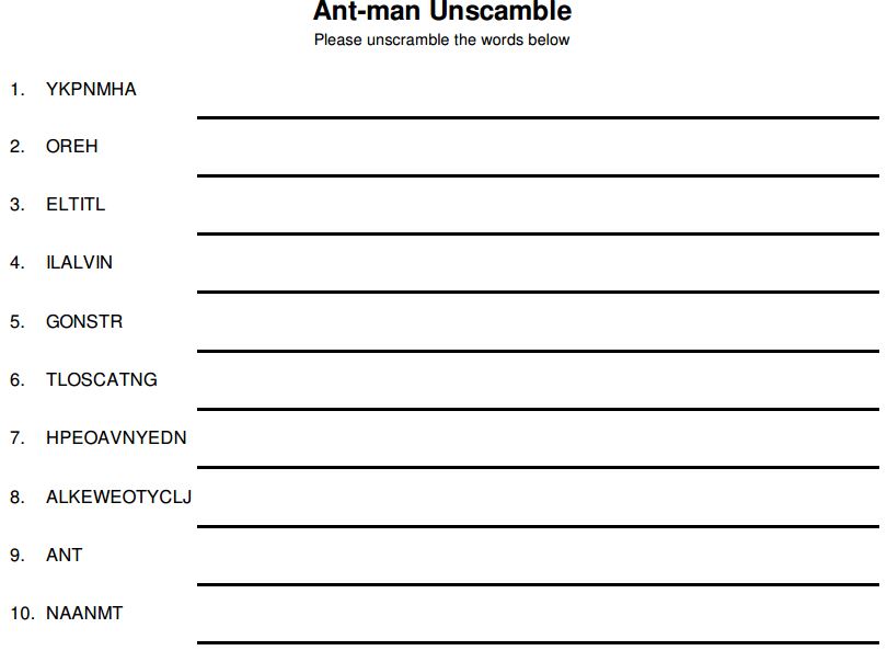 Free Antman printable wordscramble activity