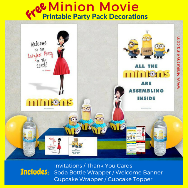Free Minion Movie Printable Party Decoration Pack! Our Minion Movie Party Pack is completely free and will help you host the perfect party. It includes Invitations Thank You Cards Water Bottle Wrapper Cupcake Wrapper Cupcake Topper Welcome Signs 