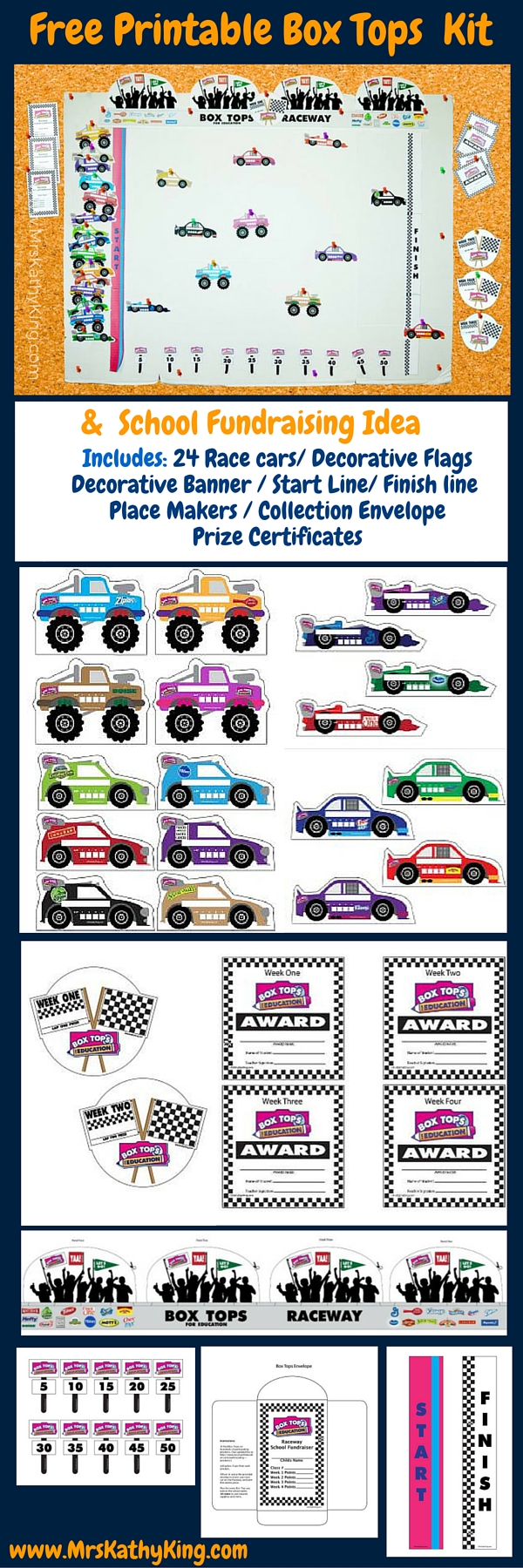 Are you looking for Box Tops For Education School Fundraising Idea that will get the whole class involved? Our Free Printable Box Tops School Fundraising Idea & Kit includes Includes: 24 Race cars/ Decorative Flags Decorative Banner / Start Line/ Finish line Place Makers / Collection Envelope Prize Certificates #BTFE