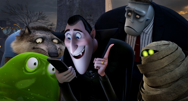 (L to R) Blobby, Griffin the Invisible Man (Davis Spade), Wayne (Steve Buscemi), Dracula (Adam Sandler), Frank (Kevin James) and Murray (Keegan-Micheal Key) in Columbia Pictures and Sony Pictures Animation's HOTEL TRANSYLVANIA 2.