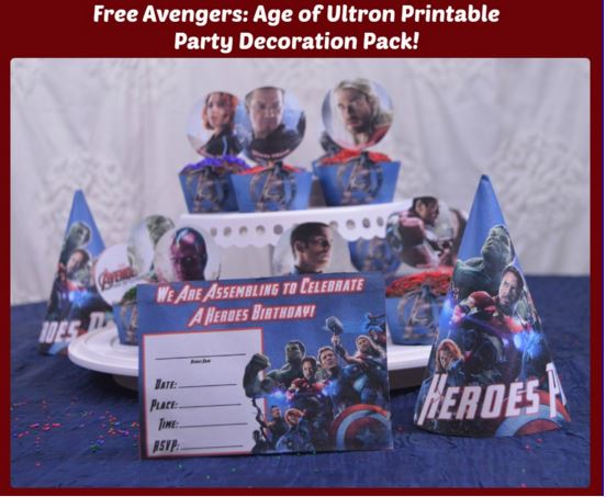Free Avengers Age of Ultron Printable Party Decoration Pack includes: Free Avengers Age of Ultron Invitations, Avengers Age of Ultron Thank You Cards, Avengers Age of Ultron AlphabetBanner, Avengers Age of Ultron Decorative Banner, Avengers Age of Ultron Soda Bottle Wrapper, Avengers Age of Ultron Water Bottle Wrapper , Avengers Age of Ultron Birthday Party Hat , Avengers Age of Ultron Cupcake Wrapper Cupcake Topper, Avengers Age of Ultron Mini Candy Wrapper