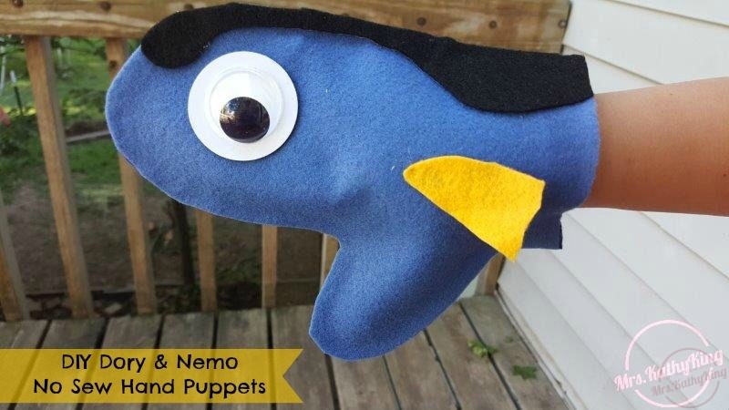 Finding Dory Birthday Party Idea DIY Dory & Nemo No Sew Hand Puppets Craft lable