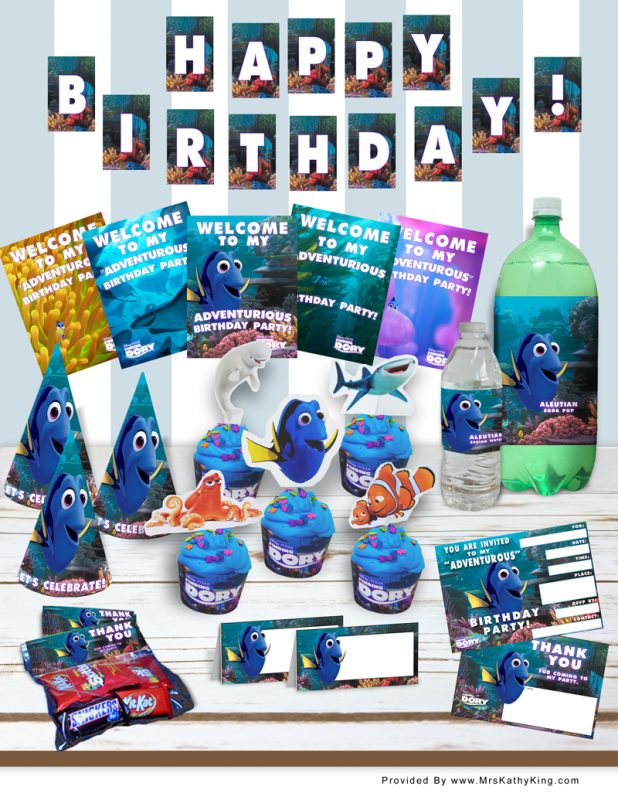 ARE YOU HOSTING A FINDING DORY PARTY? If the answer is yes, here is a set of free printable Finding Dory Birthday Party Decorations. #FindingDory