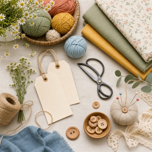 A table with blank paper tags, a roll of twine, folded fabrics, colorful balls of yarn, wooden buttons, and a pin cushion.